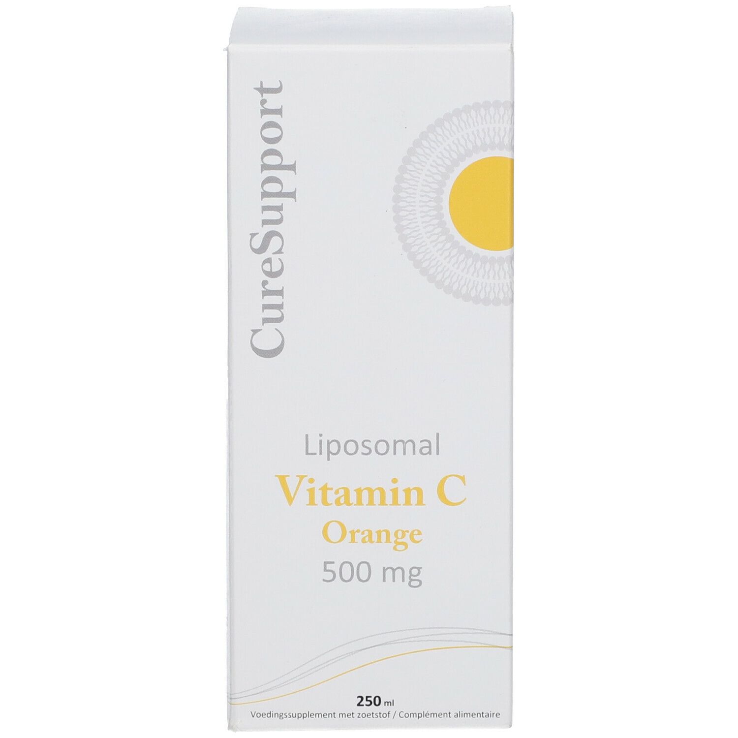 Witte doos. Opschrift: CureSupport Liposomal Vitamin C Orange 500 mg.