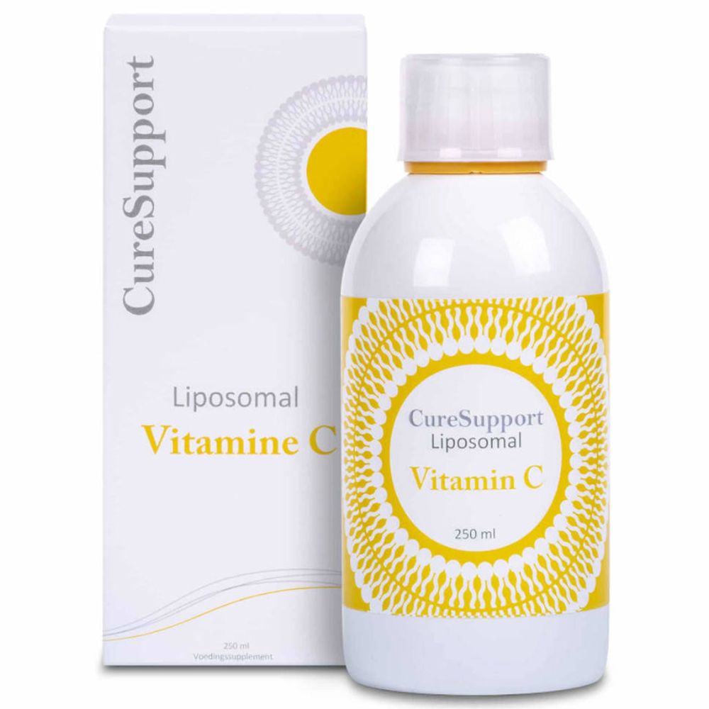Bouteille blanche avec étiquette jaune. Inscription: CureSupport Liposomal Vitamin C. À côté, une boîte avec le même design.
