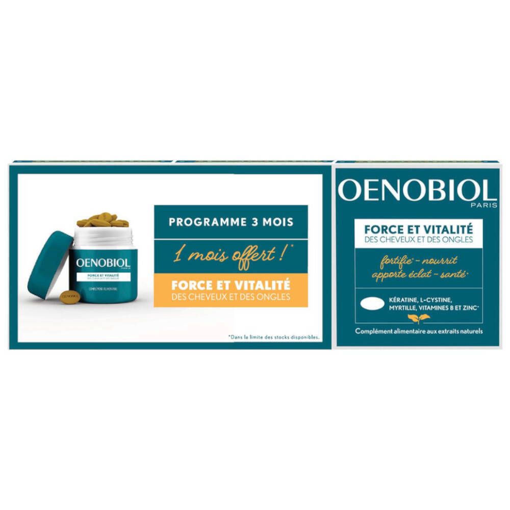 Pack Oenobiol. Programme 3 mois. Boîte bleue et blanche avec image du produit et texte. Contient des gélules.