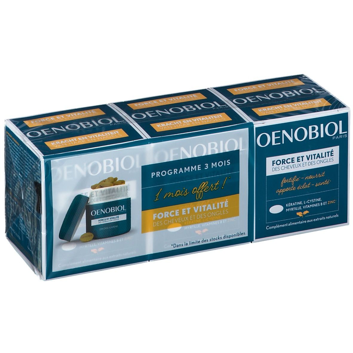 Pack Oenobiol. Programme 3 mois. Boîte bleue et blanche avec image du produit et texte. Contient des gélules.