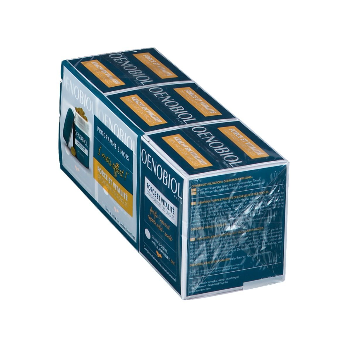 Pack Oenobiol. Programme 3 mois. Boîte bleue et blanche, emballée dans du film plastique. Image et texte du produit.