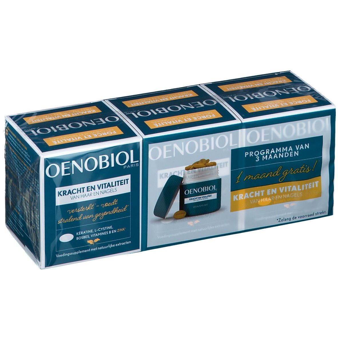 Pack Oenobiol. Programme 3 mois. Boîte bleue et blanche avec image du produit et texte. Contient des gélules.