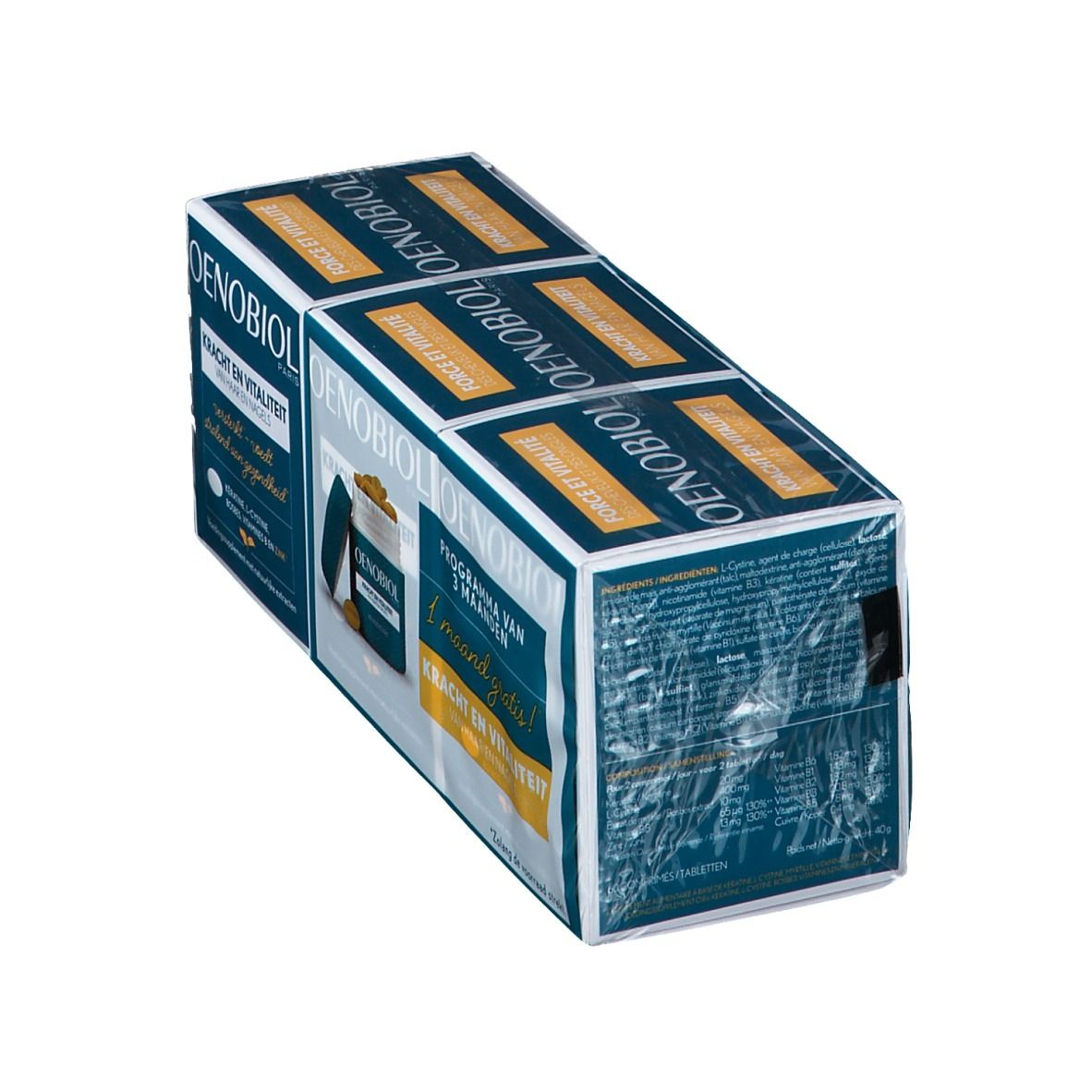 Pack Oenobiol. Programme 3 mois. Boîte bleue et blanche, emballée dans du film plastique. Image et texte du produit.
