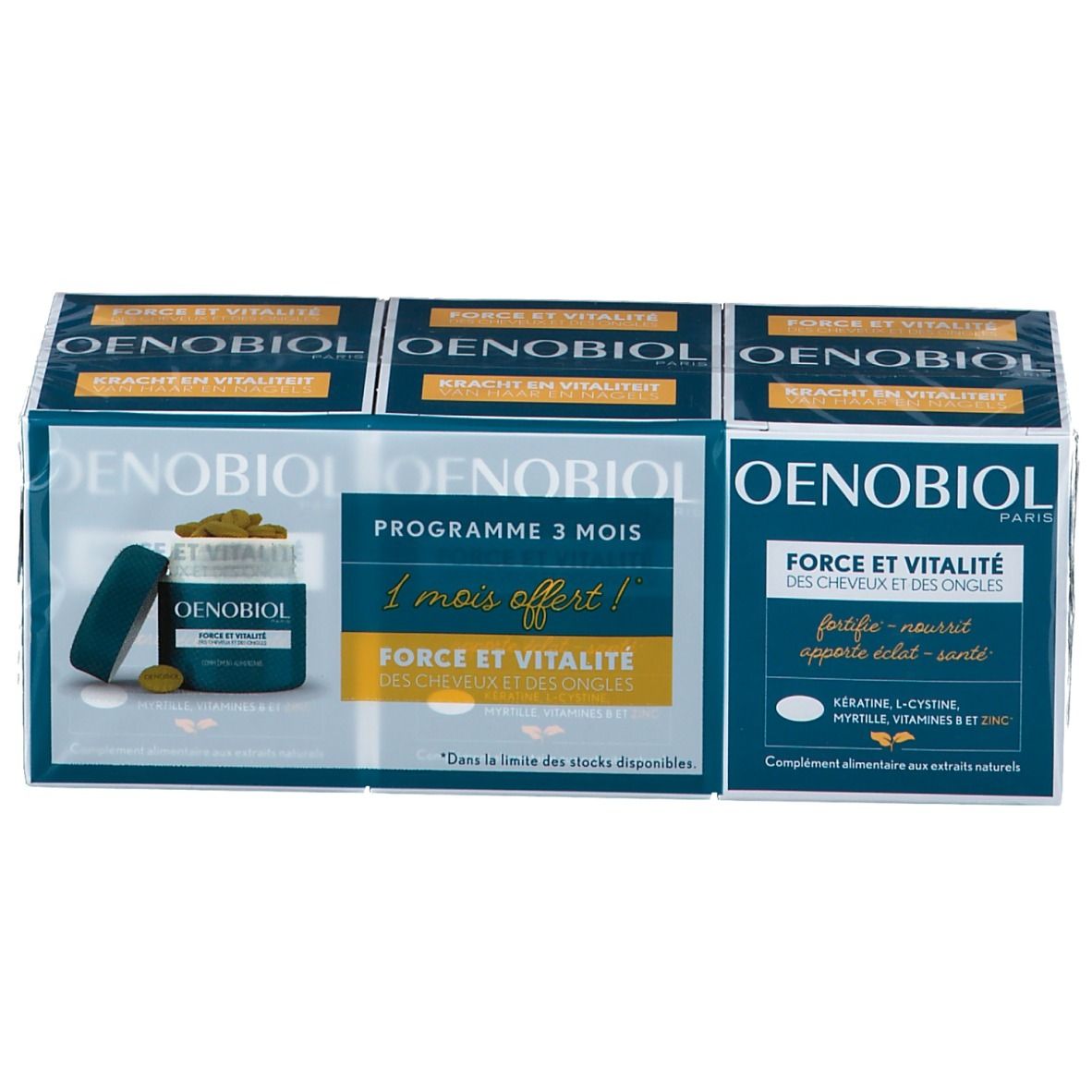 Pack Oenobiol. Programme 3 mois. Boîte bleue et blanche avec image du produit et texte. Contient des gélules.