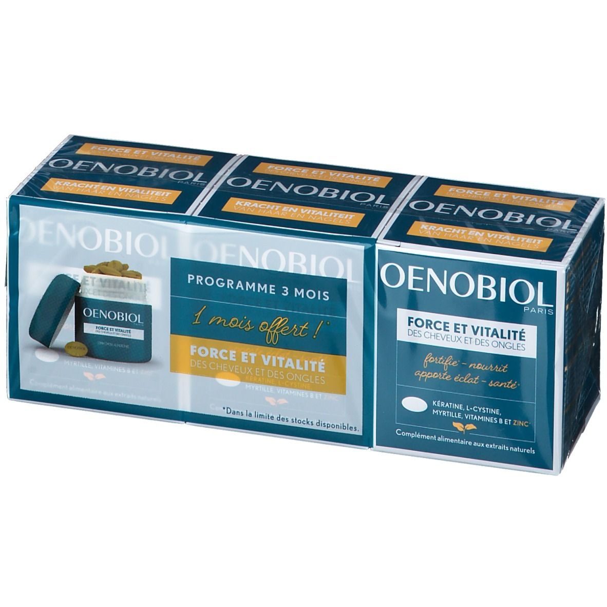 Pack Oenobiol. Programme 3 mois. Boîte bleue et blanche avec image du produit et texte. Contient des gélules.
