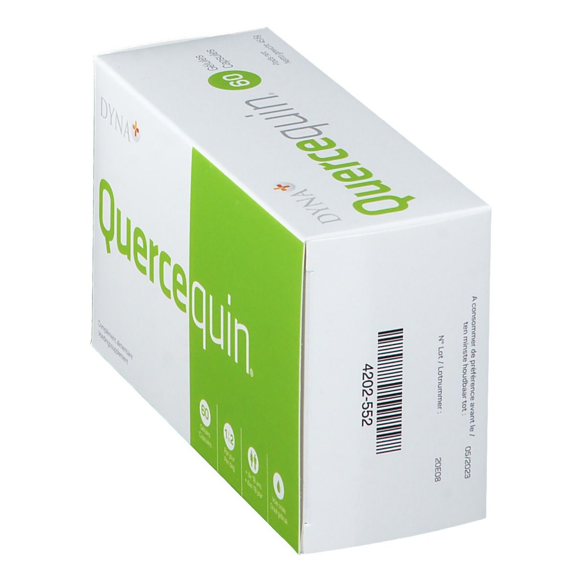Doos met "Quercequin" en "60 Capsules". Merk DYNA+. Barcode en lotnummer zichtbaar. Wit en groen.