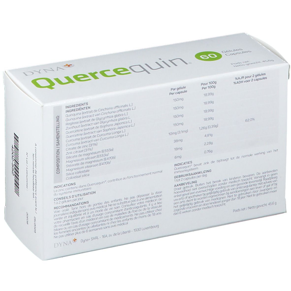 Achterkant van de doos met ingrediënten en instructies. "Quercequin" en "60 Capsules". Merk DYNA+.