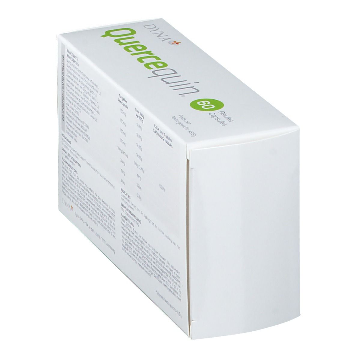 Doos met ingrediënten en instructies. "Quercequin" en "60 Capsules". Merk DYNA+.