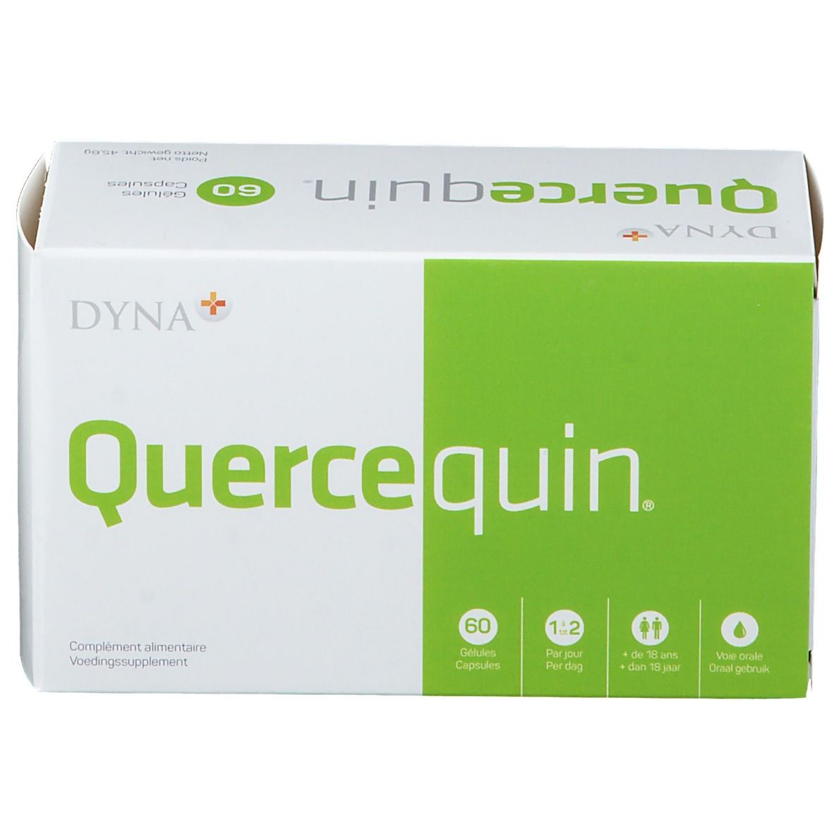 Witte doos met groene accenten. Opschrift "Quercequin" en "60 Capsules". Merk DYNA+. Voedingssupplement.