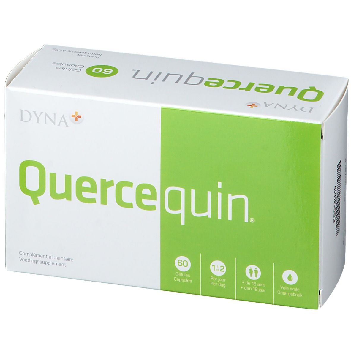 Witte doos met groene accenten. Opschrift "Quercequin" en "60 Capsules". Merk DYNA+. Voedingssupplement.