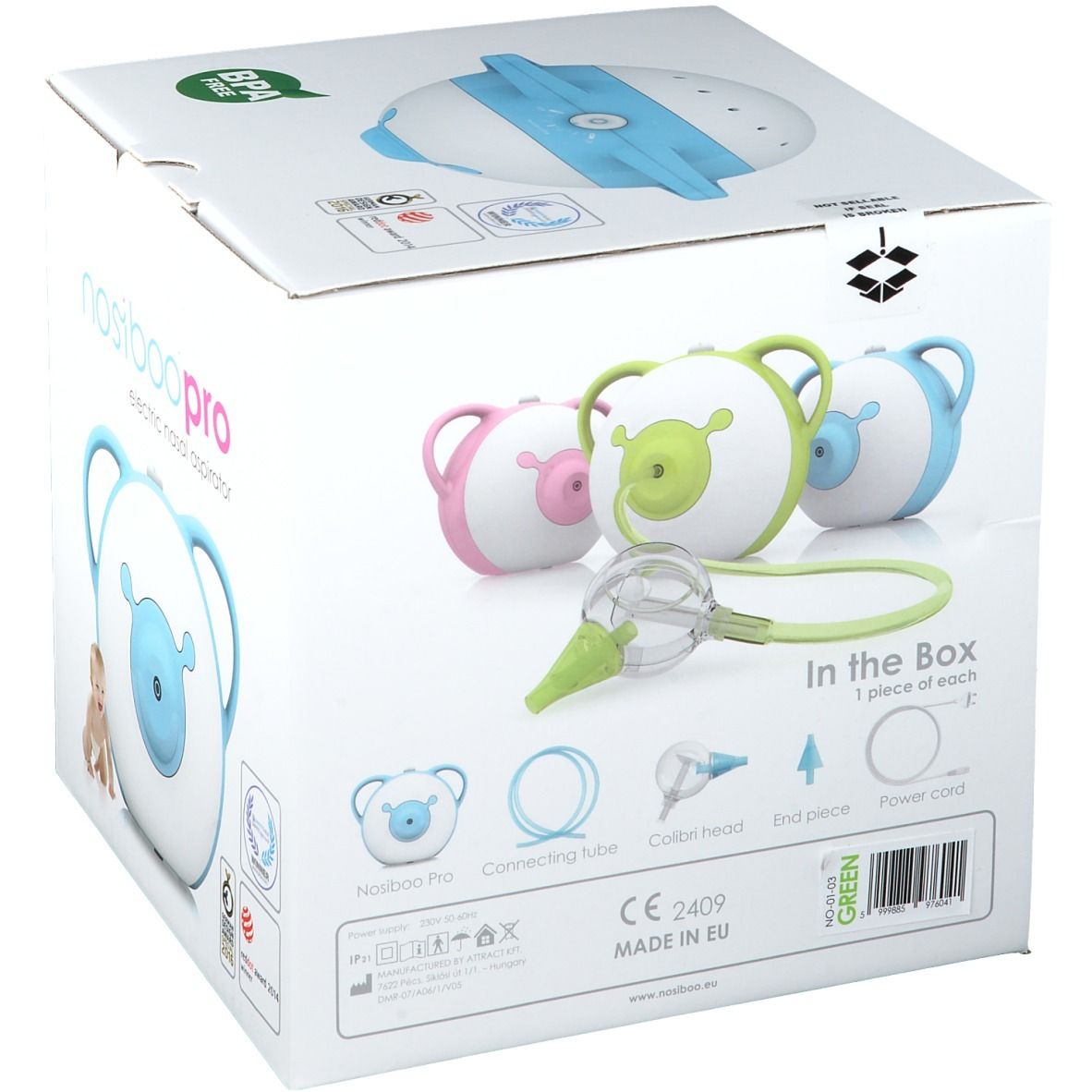 Boîte Nosiboo Pro. Image du produit, accessoires et logo. Dans la boîte : 1 pièce de chaque.