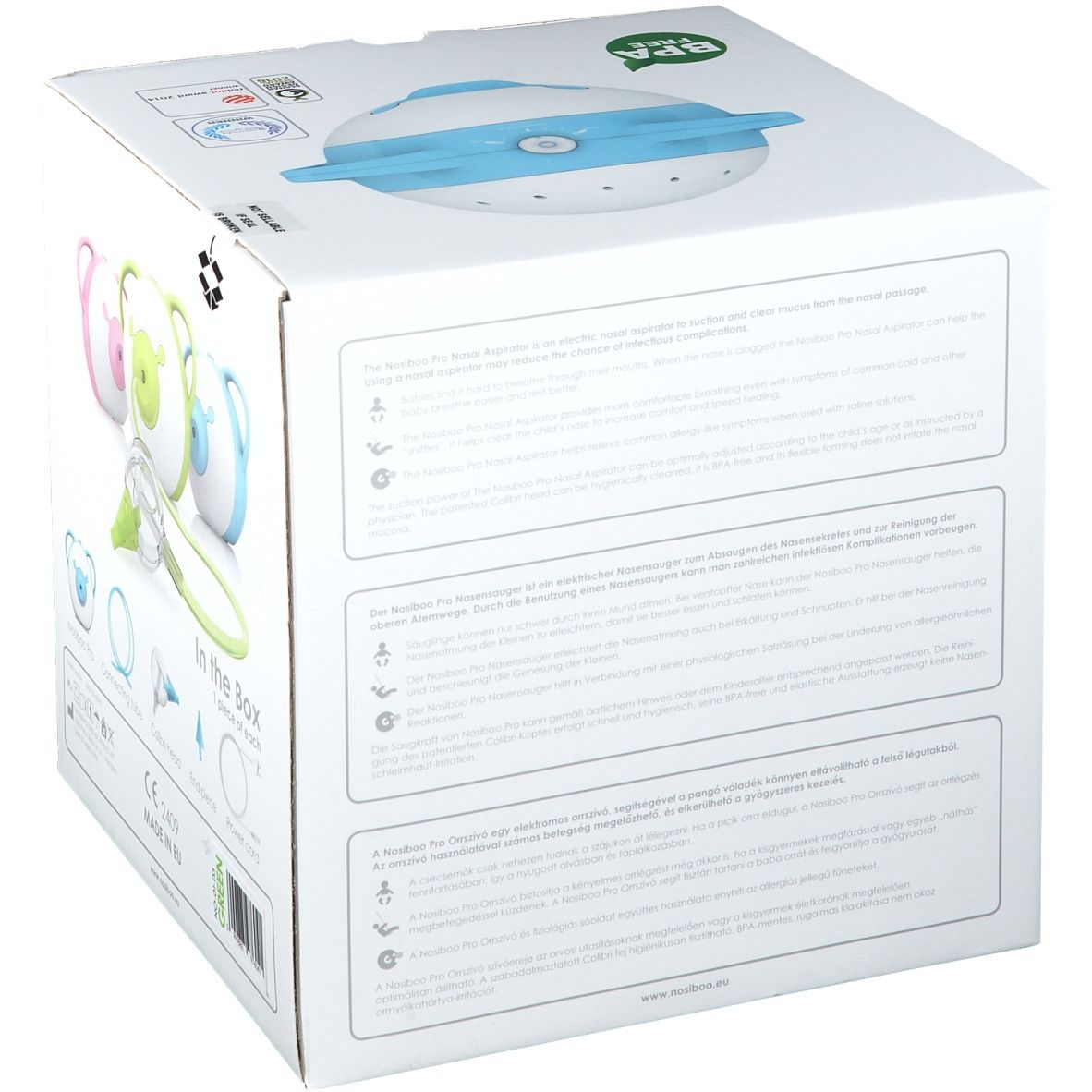 Dos de la boîte Nosiboo Pro. Texte multilingue. Images et logos du produit.