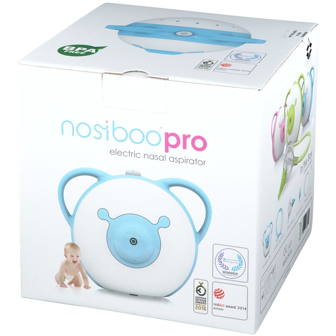 Boîte Nosiboo Pro. Image du produit, accessoires et logo. Label sans BPA.