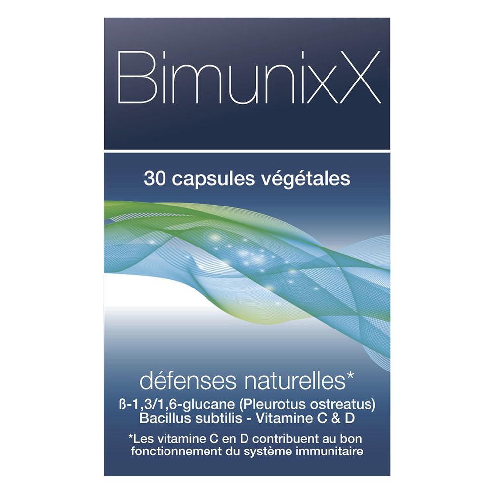 Emballage du produit. Inscription BimunixX, 30 gélules. Contient Vitamine C & D.