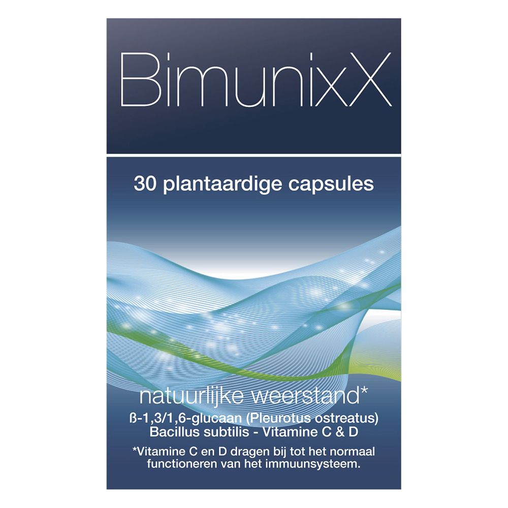 Productverpakking. Opschrift BimunixX, 30 capsules. Bevat o.a. Vitamine C & D.