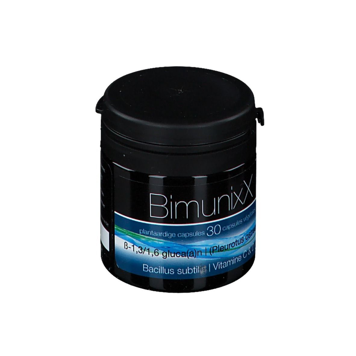 Zwarte pot met deksel. Opschrift BimunixX, 30 capsules. Bevat o.a. Vitamine C & D.