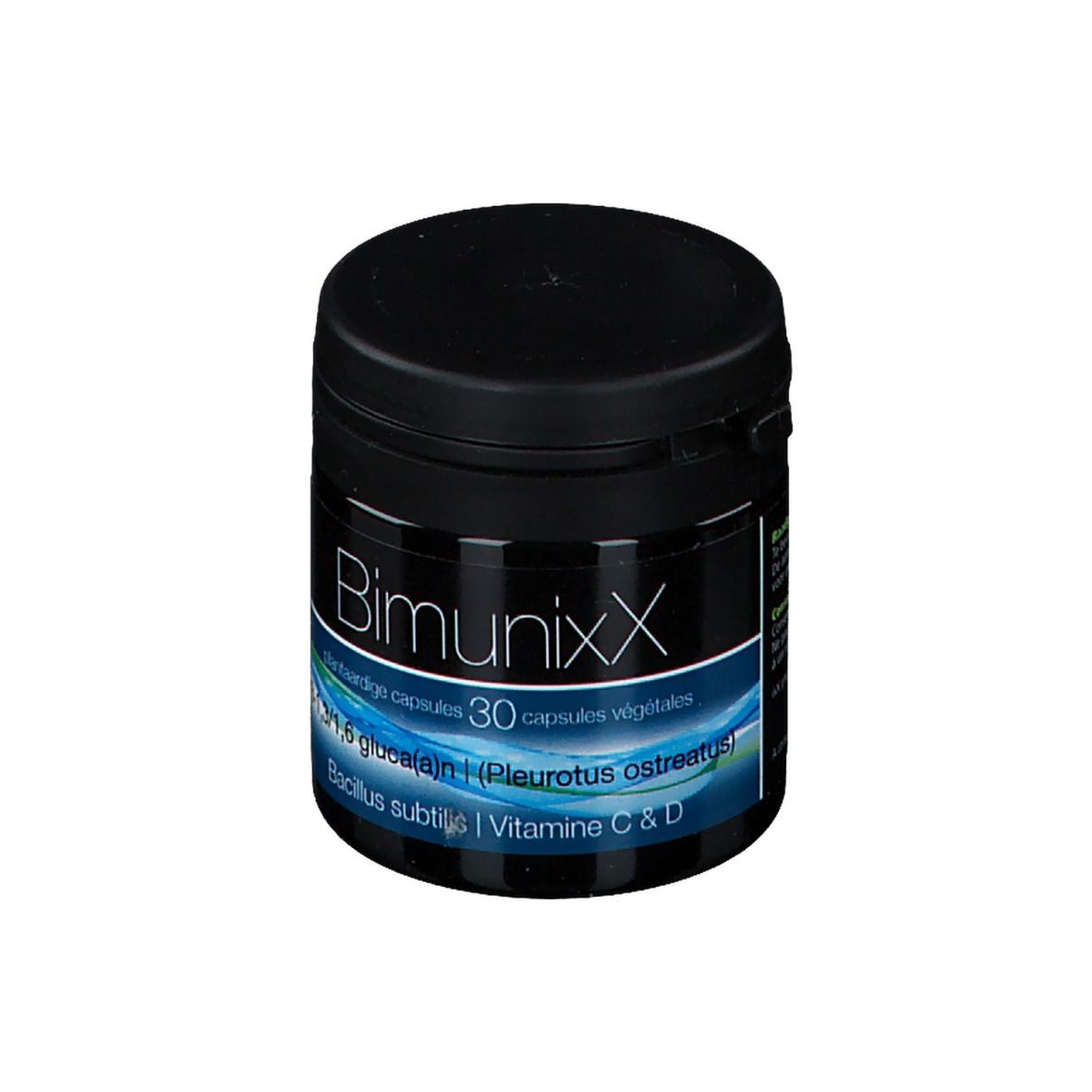Zwarte pot met deksel. Opschrift BimunixX, 30 capsules. Bevat o.a. Vitamine C & D.