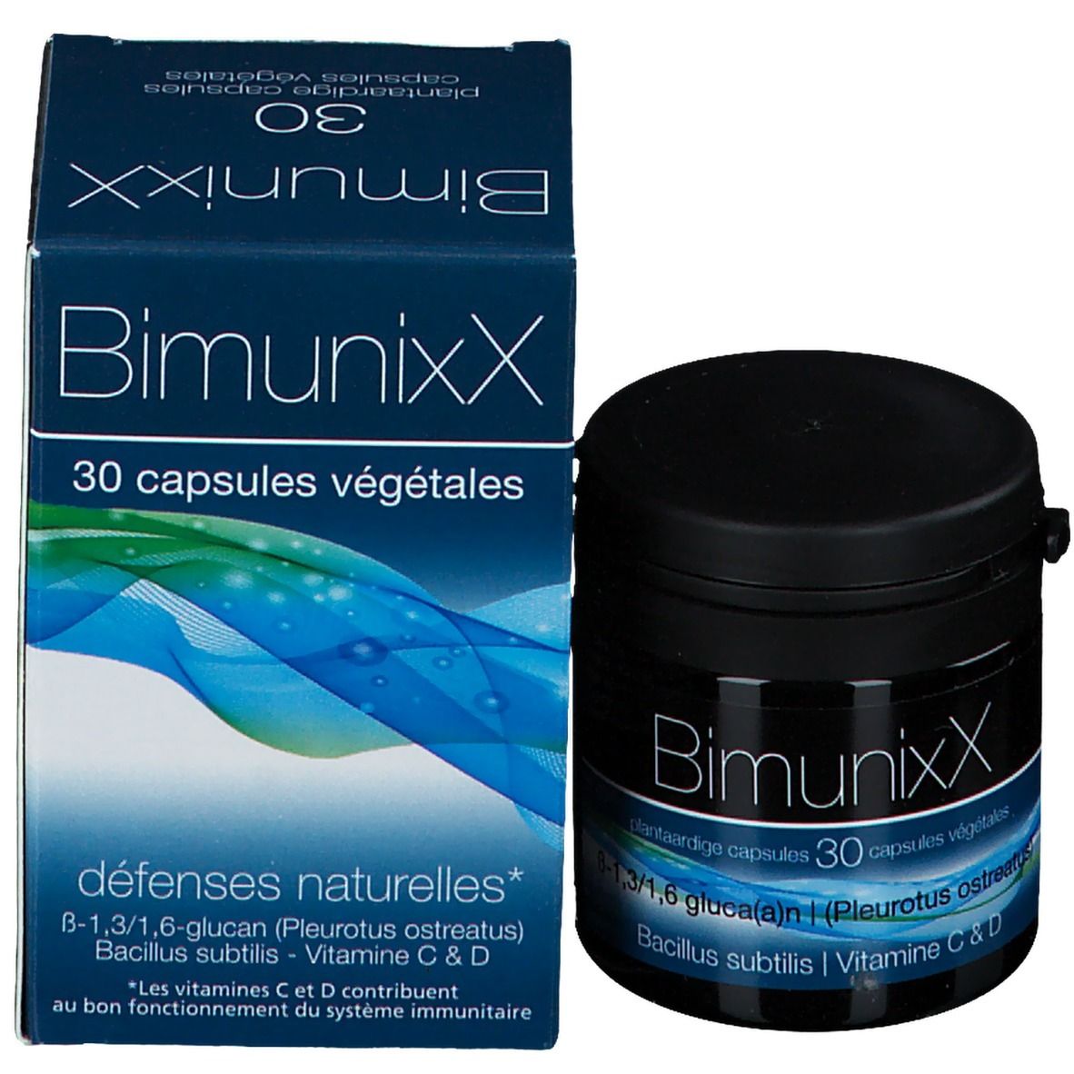 Productverpakking met pot en doos. Opschrift BimunixX, 30 capsules. Bevat o.a. Vitamine C & D.