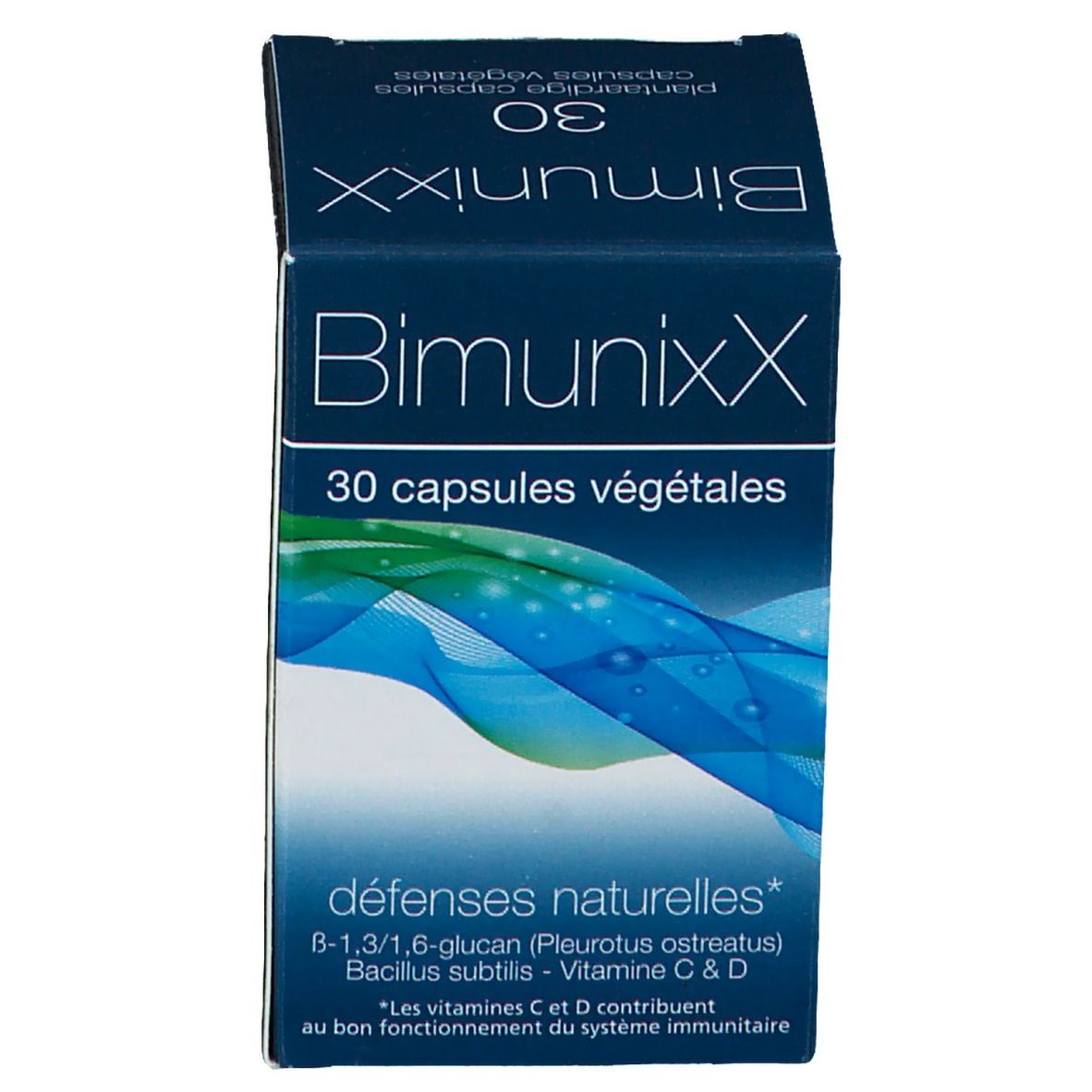 Productverpakking. Opschrift BimunixX, 30 capsules. Bevat o.a. Vitamine C & D.