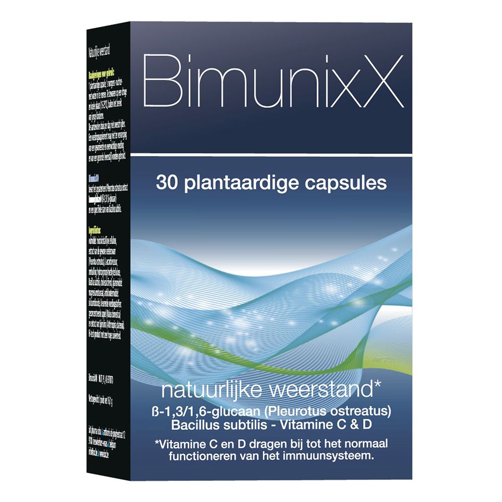 Productverpakking. Opschrift BimunixX, 30 capsules. Bevat o.a. Vitamine C & D.
