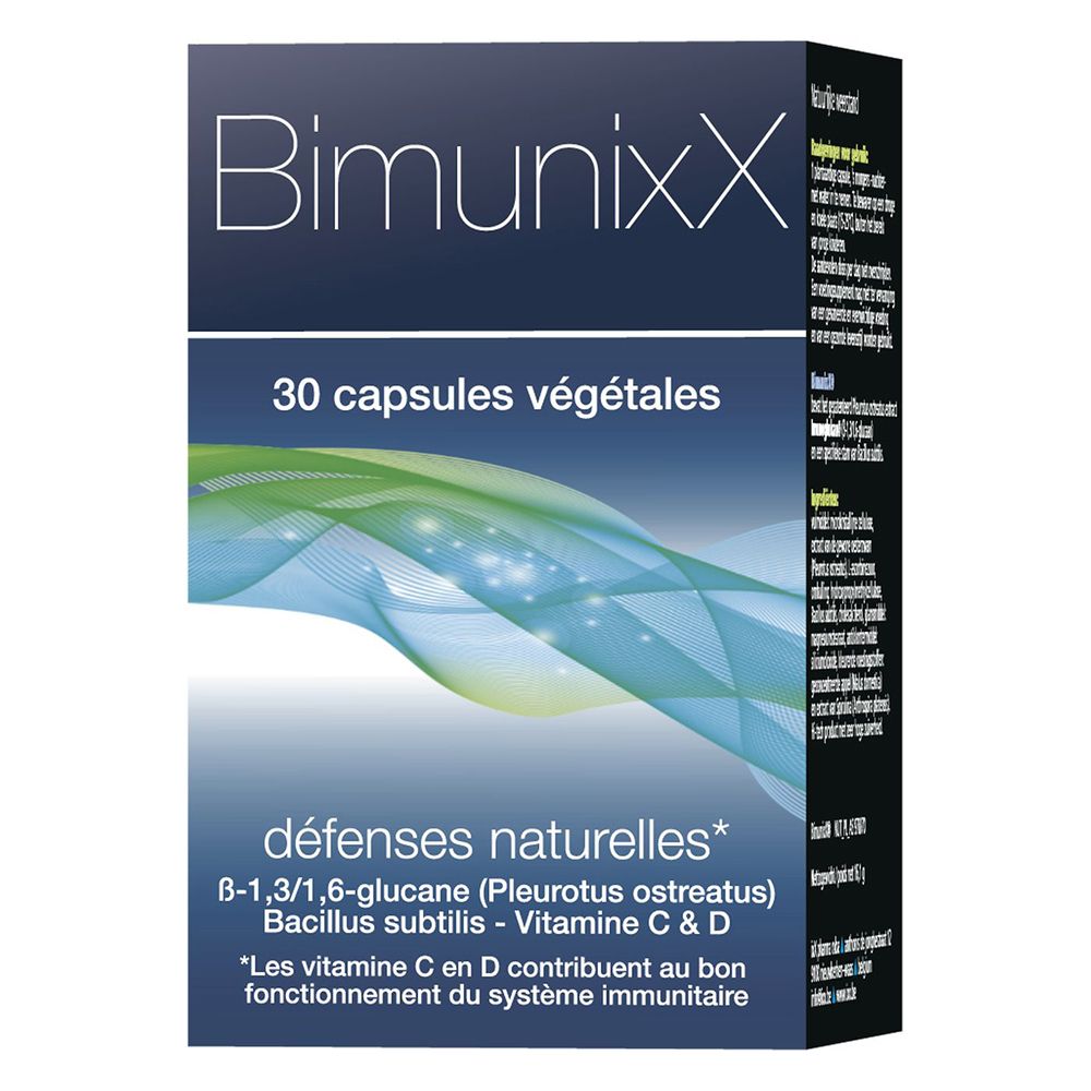 Emballage du produit. Inscription BimunixX, 30 gélules. Contient Vitamine C & D.
