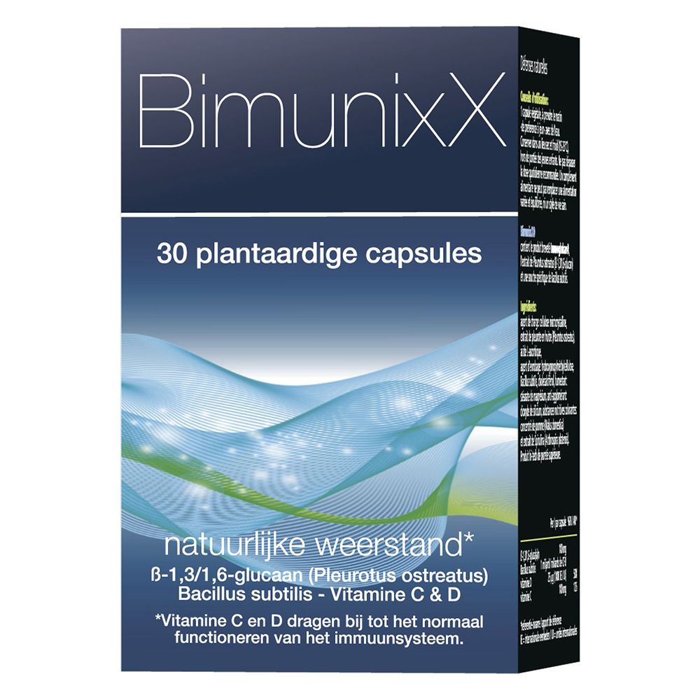 Productverpakking. Opschrift BimunixX, 30 capsules. Bevat o.a. Vitamine C & D.