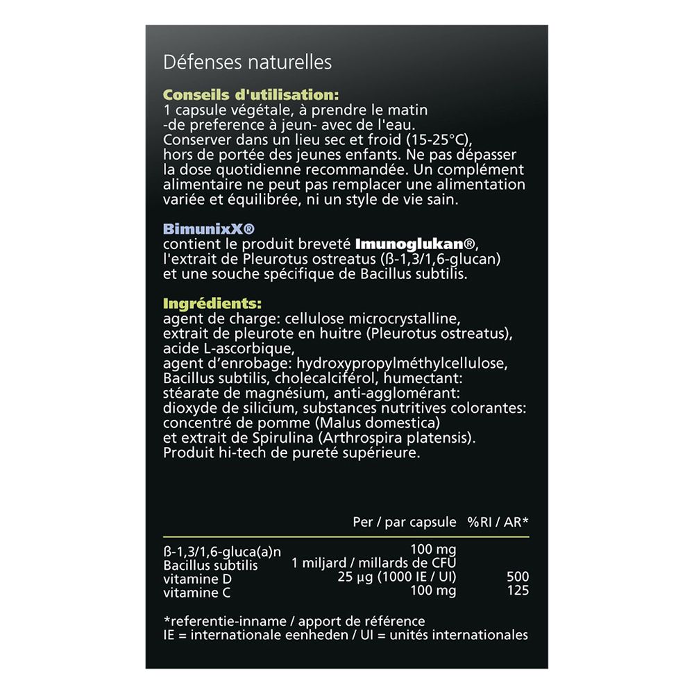 Emballage du produit. Inscription BimunixX, 30 gélules. Contient Vitamine C & D.