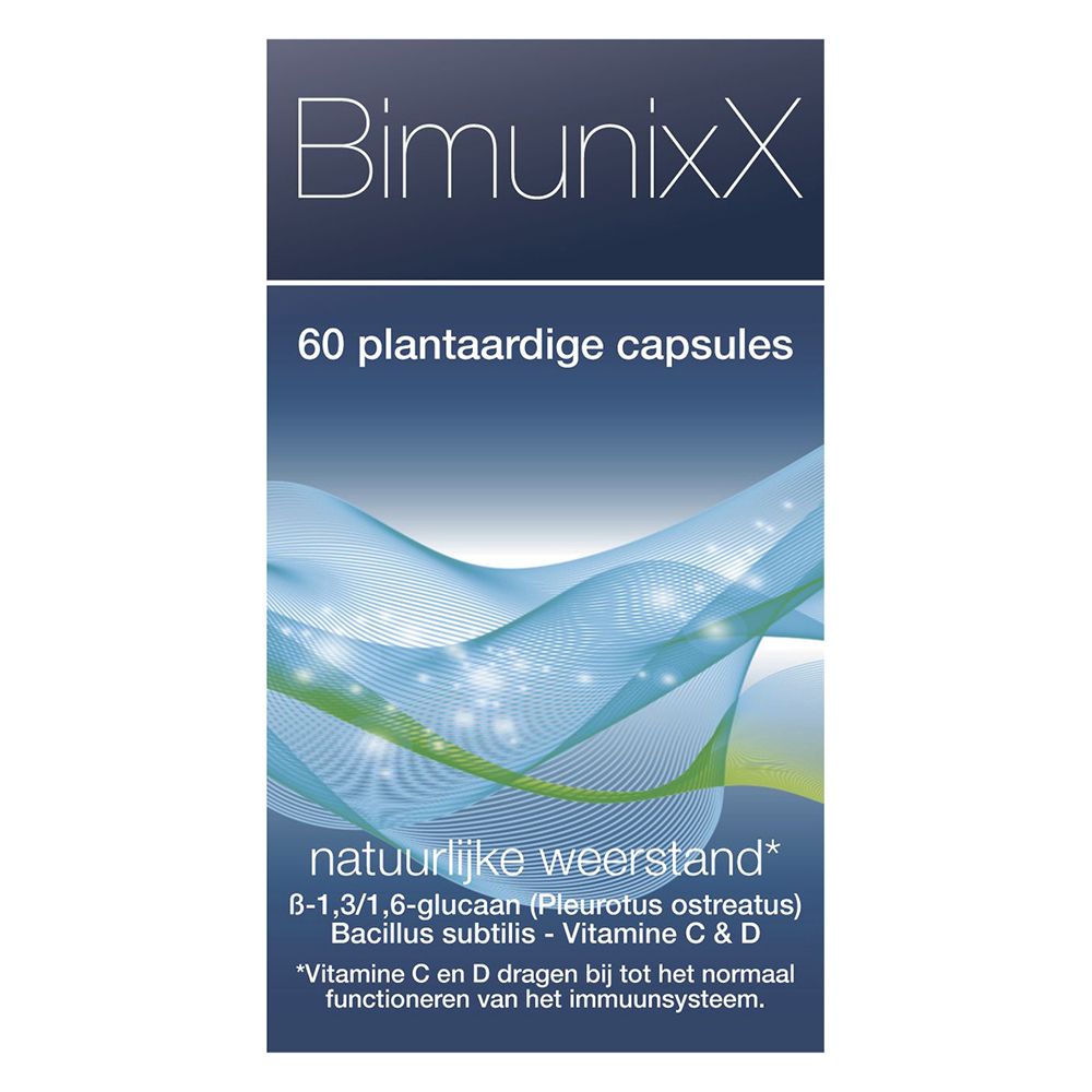 Verpakking BimunixX. 60 capsules. Bevat B-1,3/1,6 glucan, vitamine C & D. Natuurlijke weerstand.