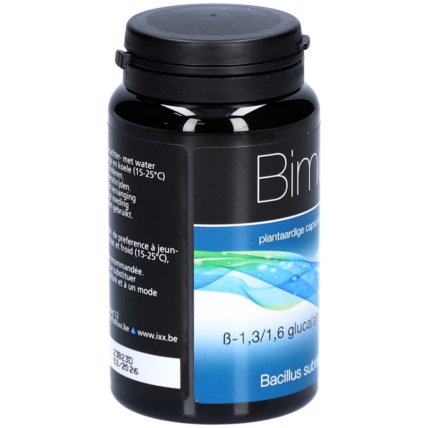 Zwarte fles BimunixX, 60 capsules. Bevat B-1,3/1,6 glucan, Bacillus subtilis. Zichtbare ingrediënten.