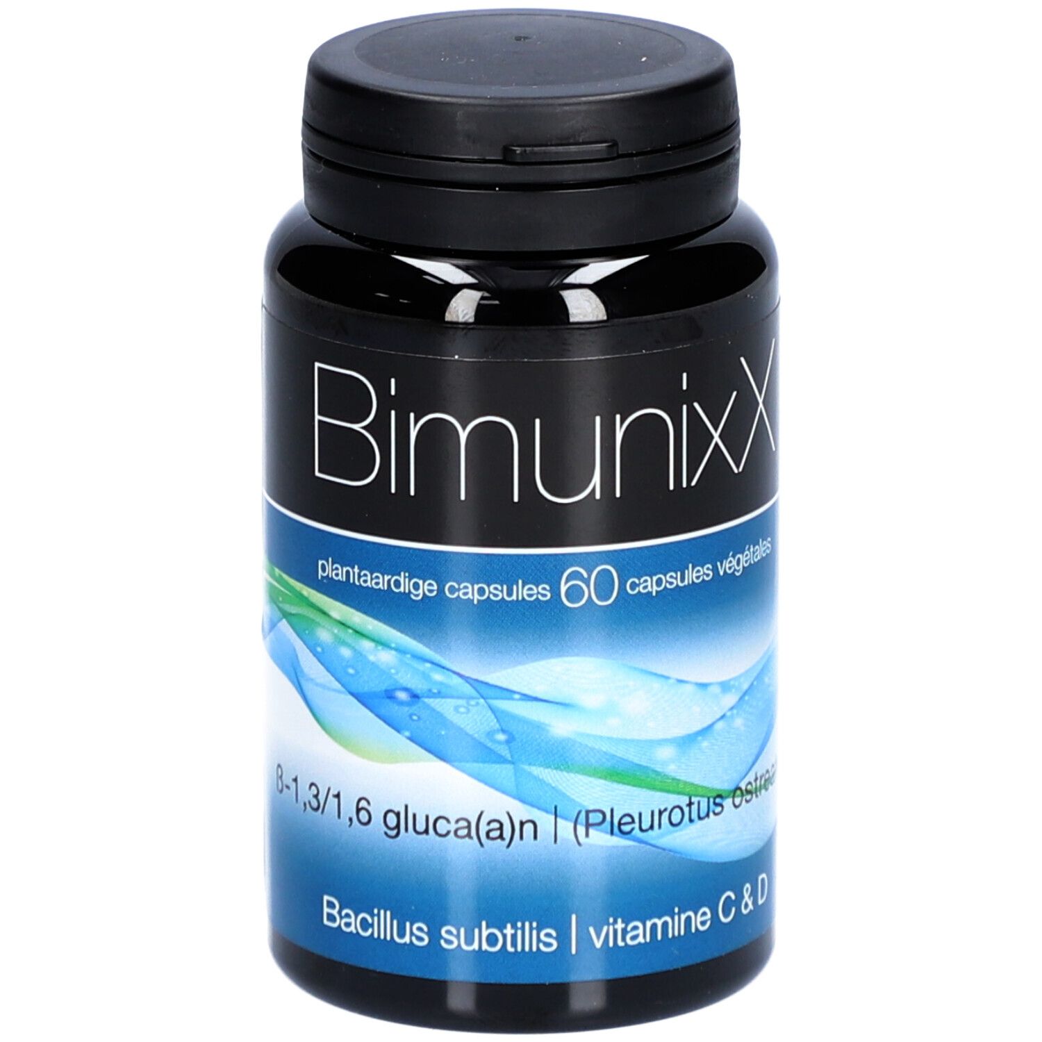 Zwarte fles BimunixX, 60 capsules. Bevat B-1,3/1,6 glucan, vitamine C & D. Zichtbare ingrediënten.