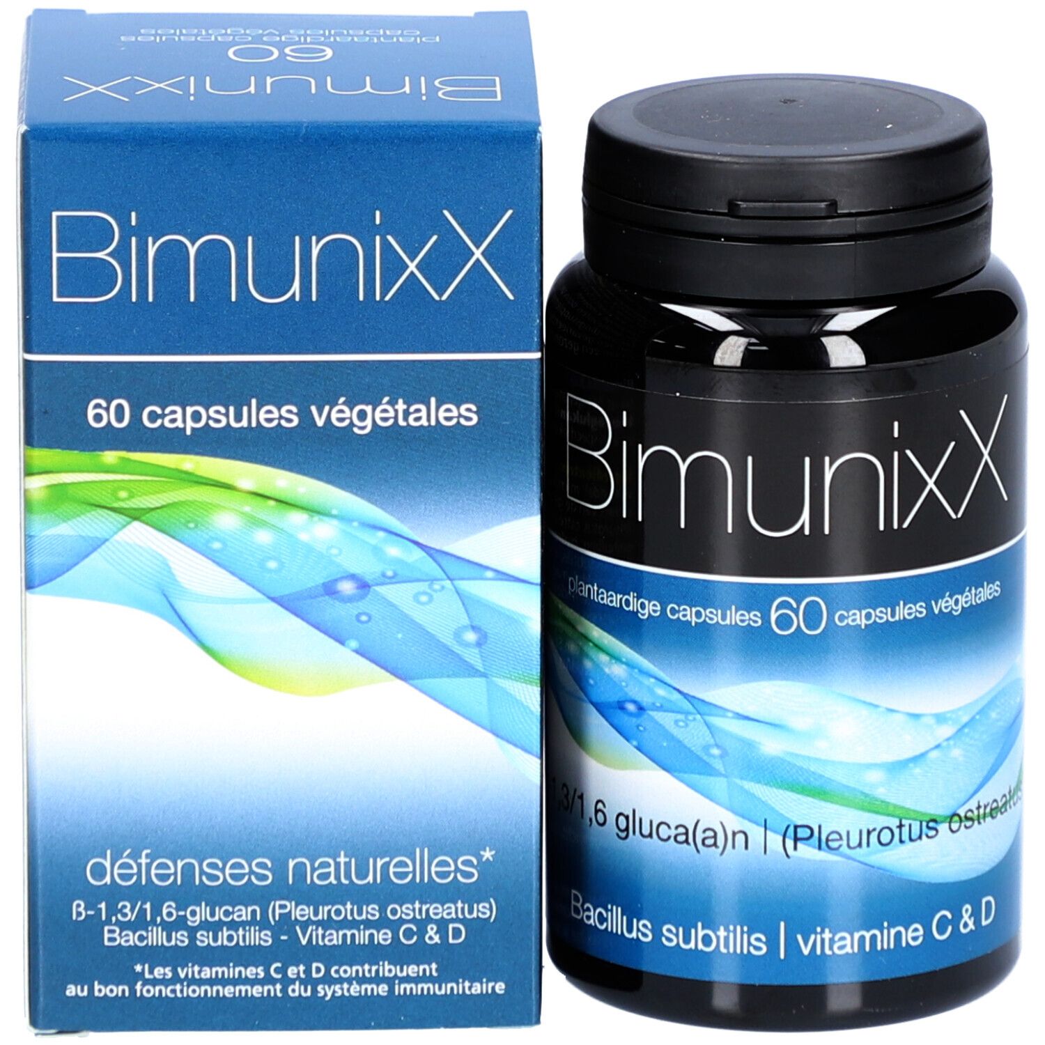 Verpakking en fles BimunixX. 60 capsules. Bevat B-1,3/1,6 glucan, vitamine C & D. Natuurlijke weerstand.