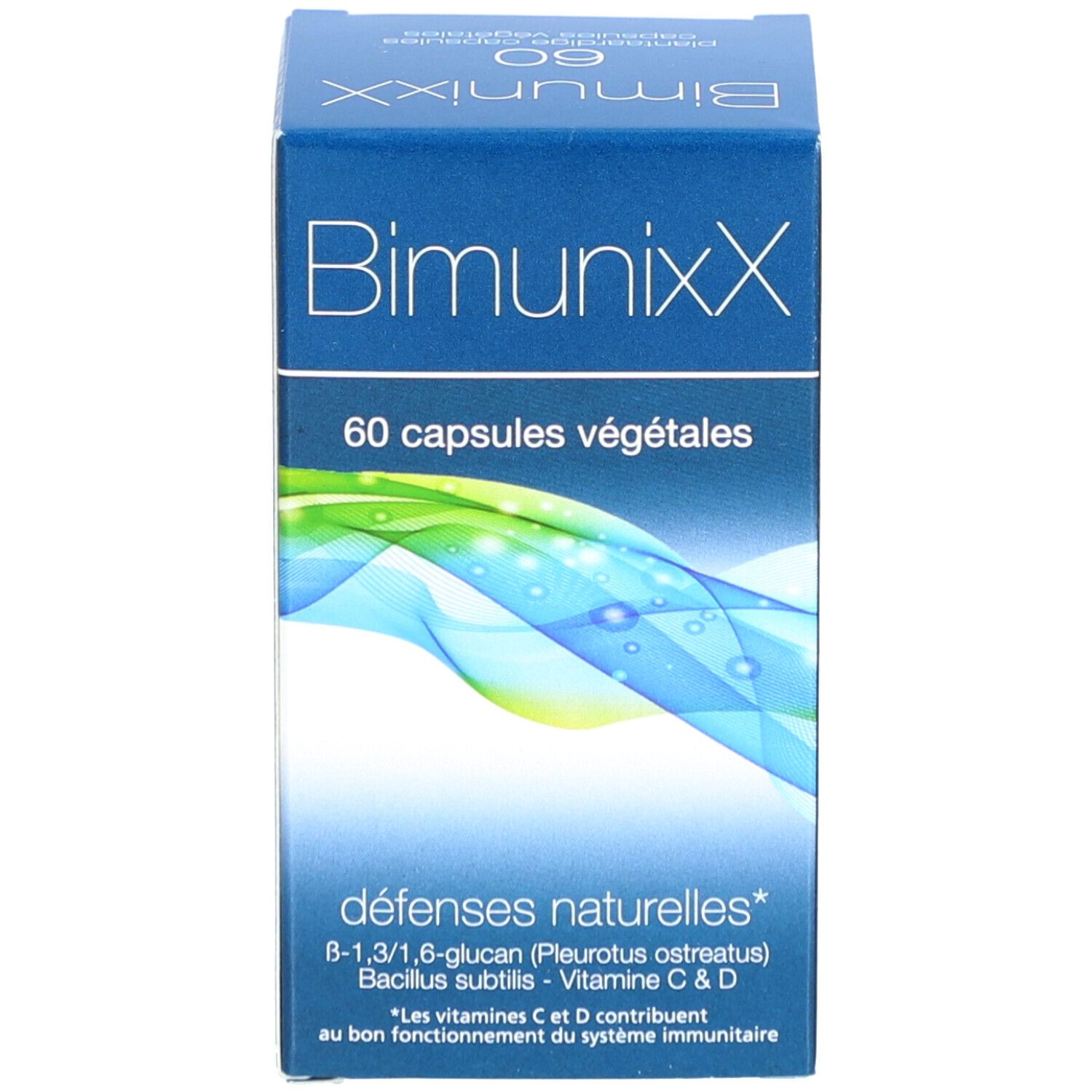 Verpakking BimunixX. 60 capsules. Bevat B-1,3/1,6 glucan, vitamine C & D. Natuurlijke weerstand.