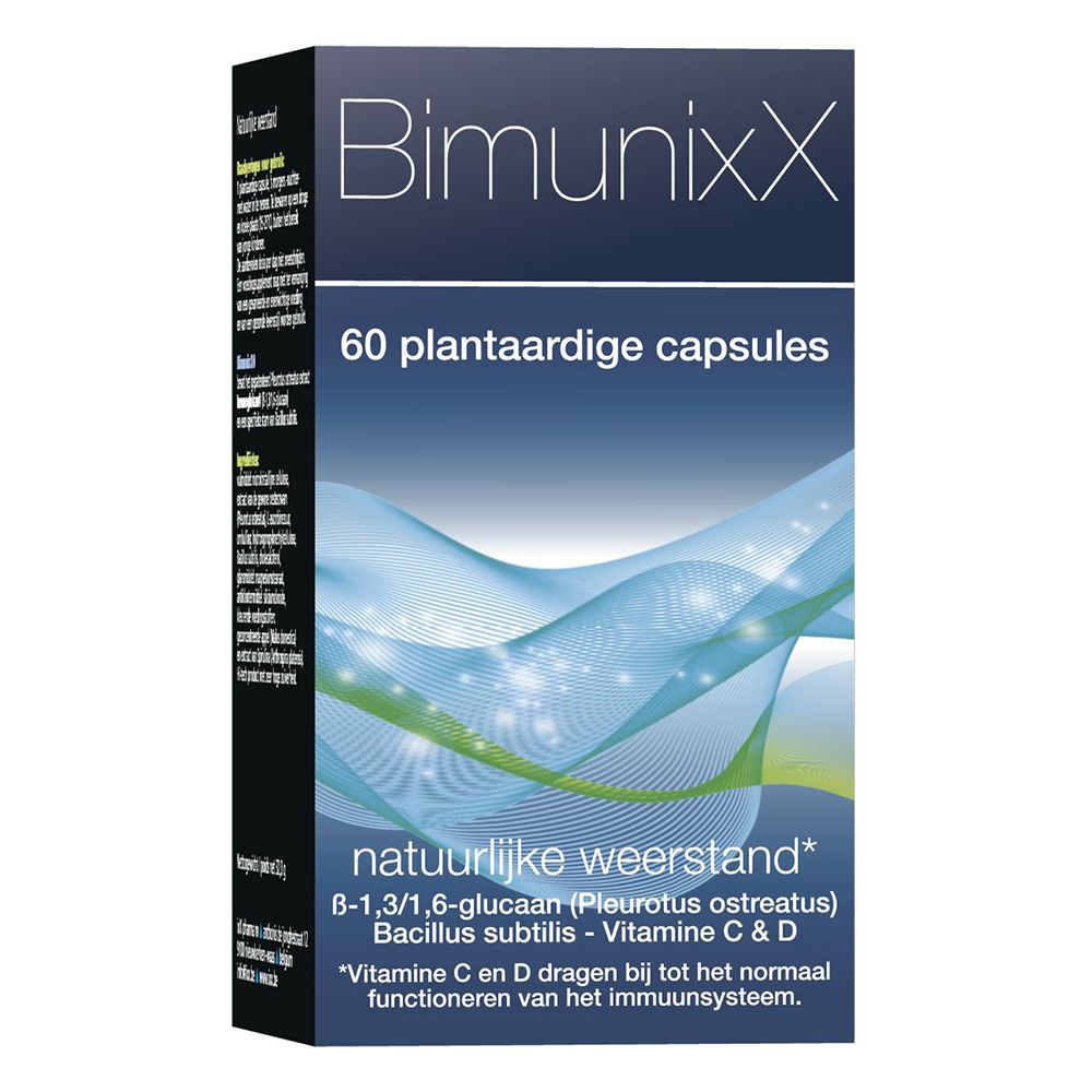Verpakking BimunixX. 60 capsules. Bevat B-1,3/1,6 glucan, vitamine C & D. Natuurlijke weerstand.