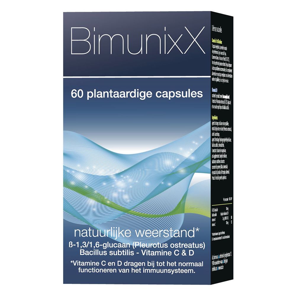 Verpakking BimunixX. 60 capsules. Bevat B-1,3/1,6 glucan, vitamine C & D. Natuurlijke weerstand.