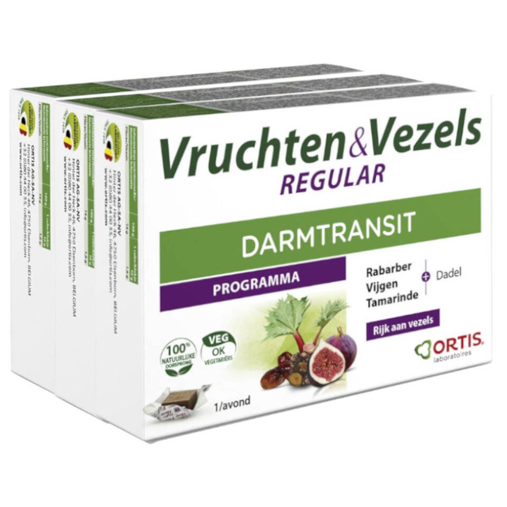 Verpakking Ortis Fruits & Fibres. Opschrift: Vruchten & Vezels Regular Darmtransit. Illustratie van fruit. 100% natuurlijk.