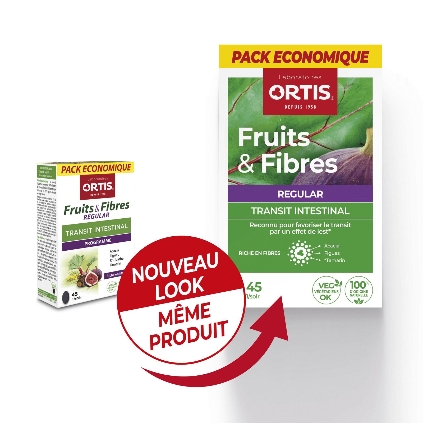 Ortis Fruits & Fibres Regular TRIO. Twee verpakkingen, één met « NIEUWE LOOK ». Opschrift: « Transit Intestinal ». 45 tabletten.