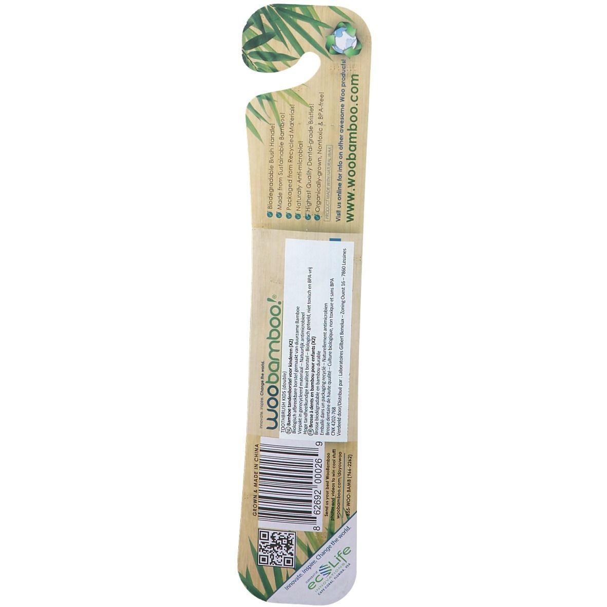 Verpakking van WooBamboo Kinder-Soft tandenborstel. Bedrukking: merk, kenmerken, barcode, websiteadres.
