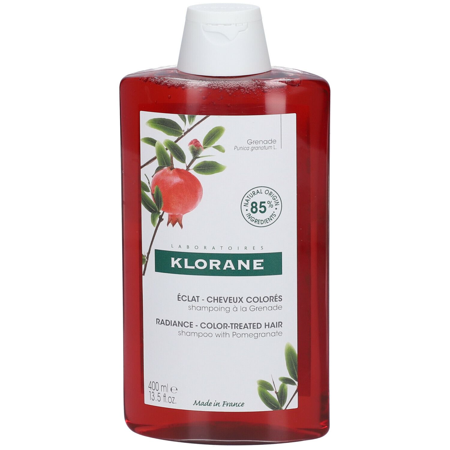 Klorane granaatappel shampoo. Rode, rechthoekige fles met witte dop. Etiket met granaatappel illustratie en tekst.