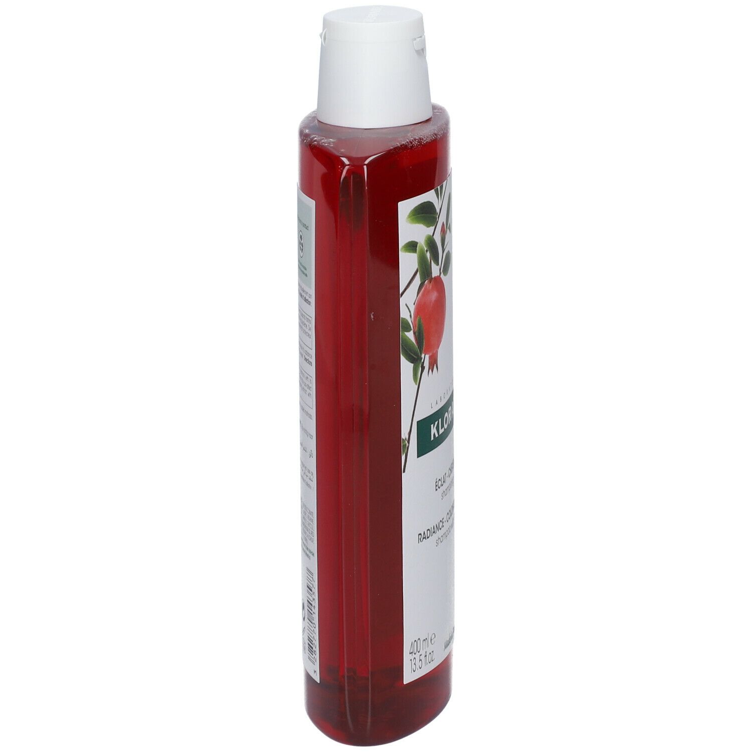 Klorane granaatappel shampoo. Rode, rechthoekige fles met witte dop. Zijaanzicht met etiket.