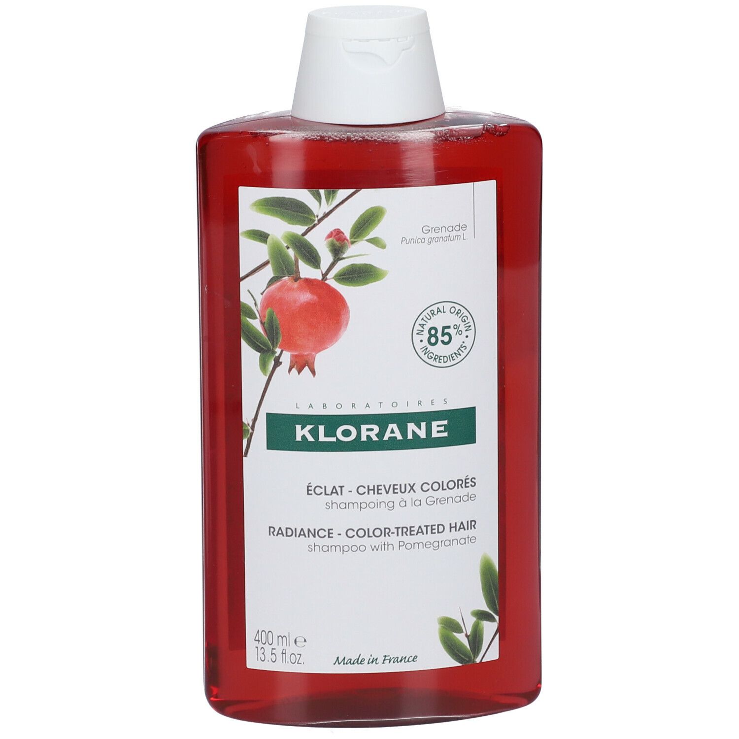 Klorane granaatappel shampoo. Rode, rechthoekige fles met witte dop. Etiket met granaatappel illustratie en tekst.
