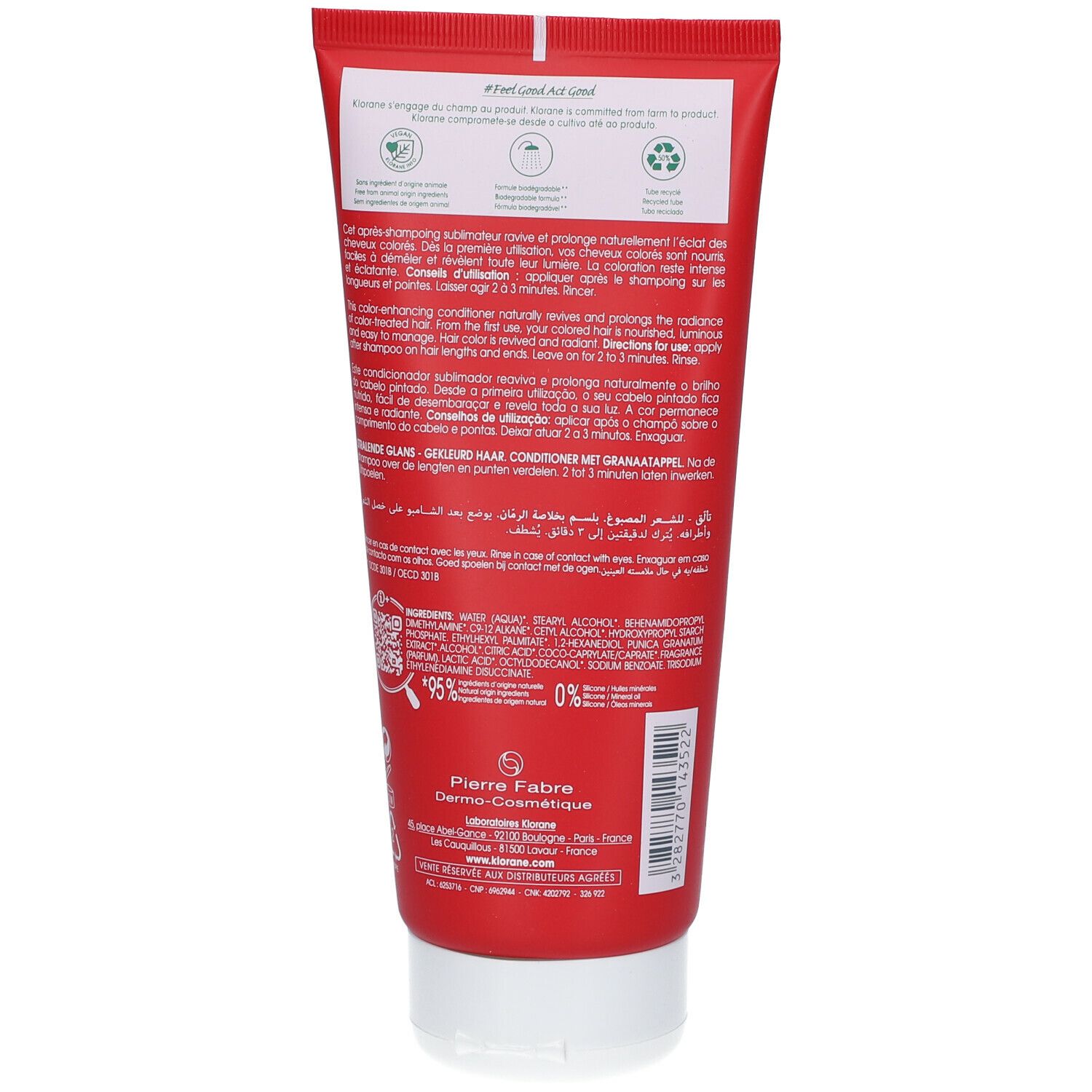 Achterkant van de rode tube Klorane Radiance Conditioner Granatapfel. Tekst en ingrediënten. 95% ingrediënten van natuurlijke oorsprong.