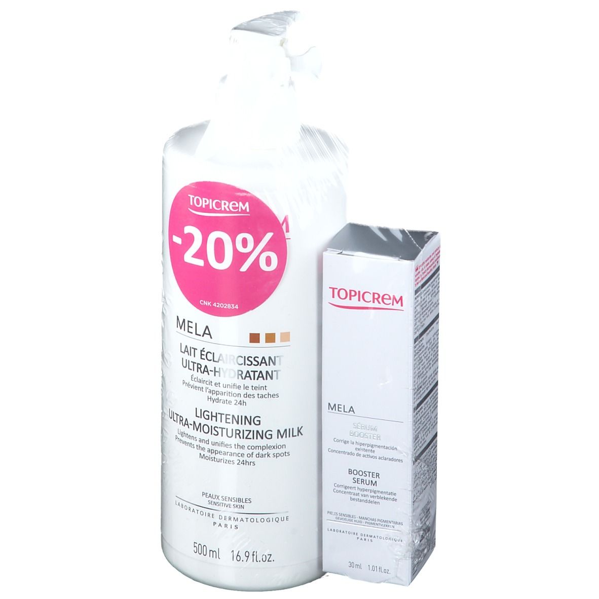 TOPICREM MELA bodylotion en serum. Grote witte fles met roze etiket en serum. -20% korting sticker.