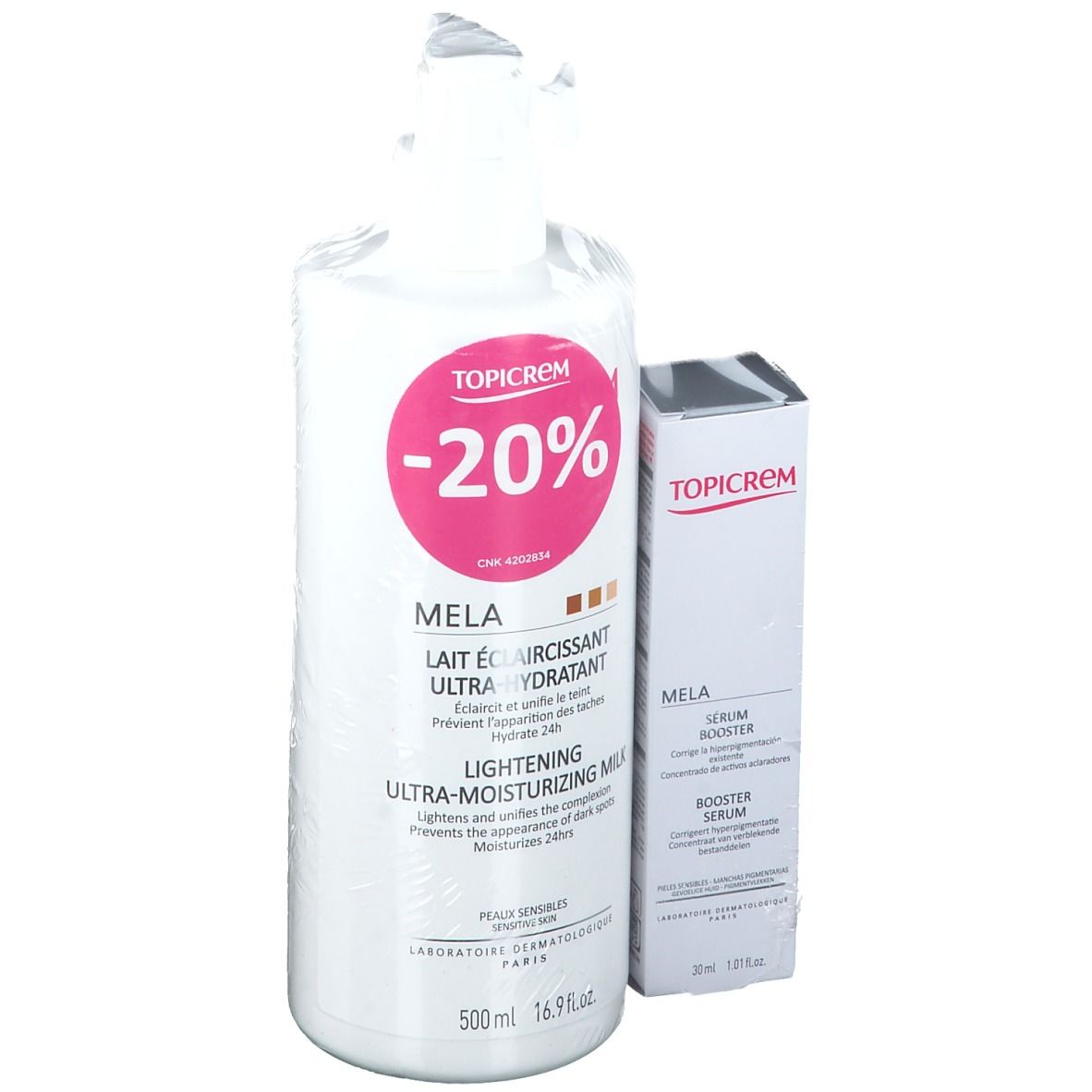 TOPICREM MELA bodylotion en serum. Grote witte fles met roze etiket en serum. -20% korting sticker.
