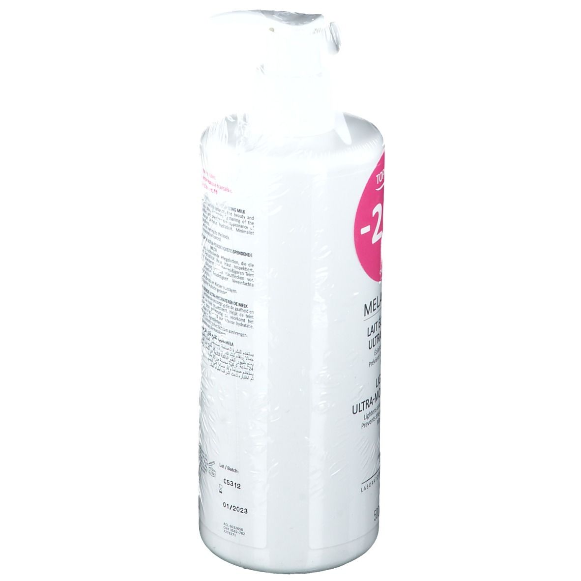 Achteraanzicht van TOPICREM MELA bodylotion. Grote witte fles met roze etiket. Verpakt in folie.