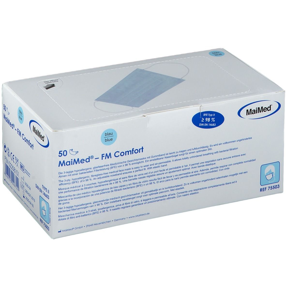 Witte doos met blauw masker. Opschrift: MaiMed® FM Komfort Blau Typ II. 50 stuks. Logo MaiMed. Tekst in meerdere talen.