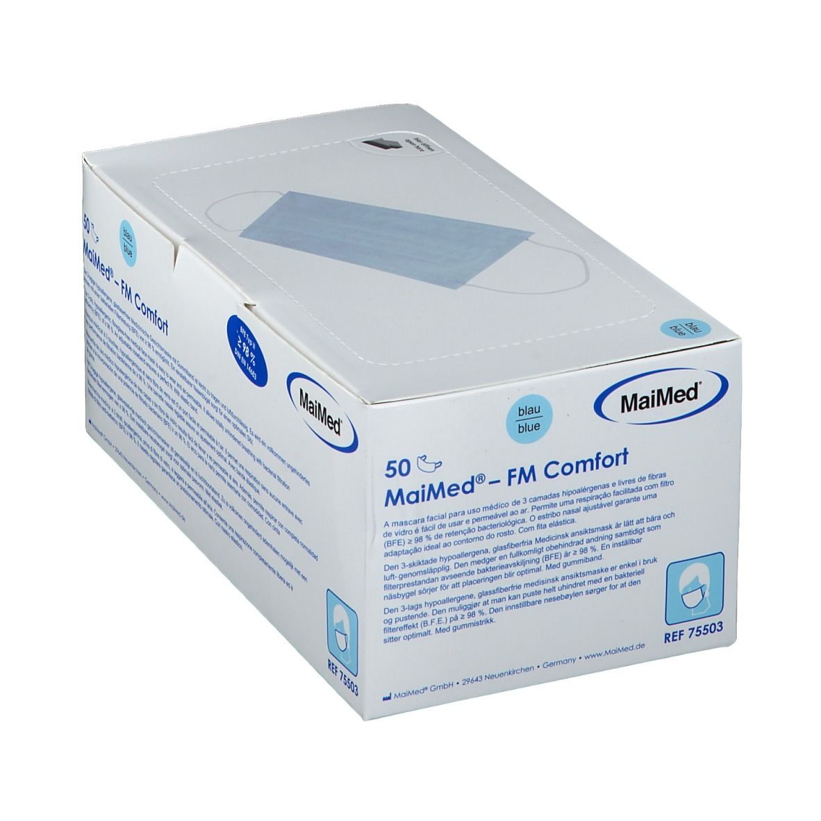 Schuin geplaatste witte doos met blauw masker. Opschrift: MaiMed® FM Komfort Blau Typ II. Logo MaiMed. 50 stuks. Tekst in meerdere talen.