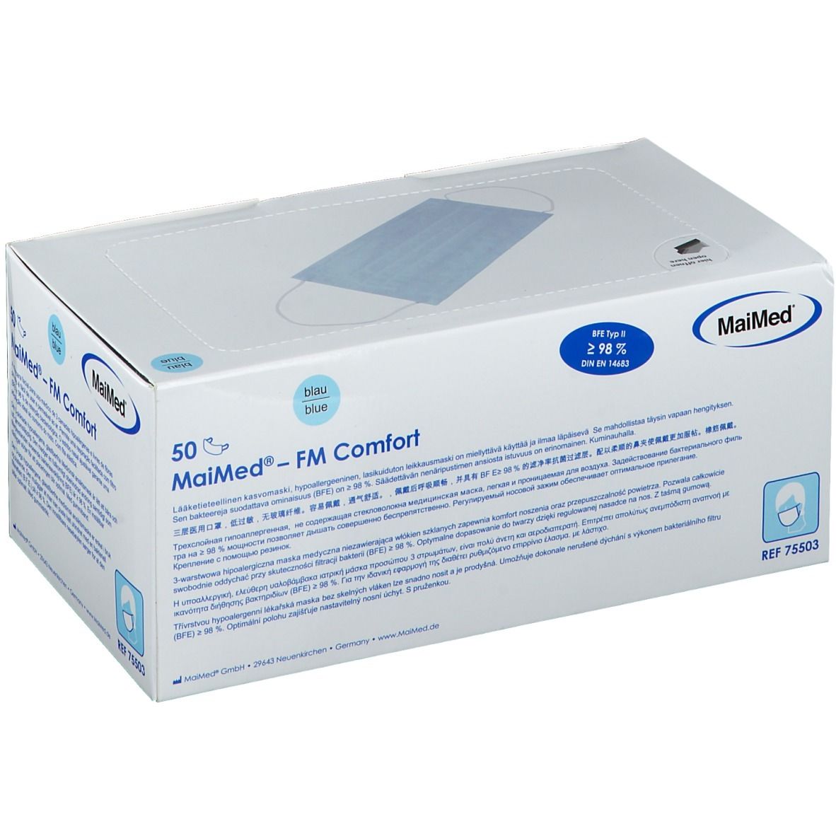 Witte doos met blauw masker. Opschrift: MaiMed® FM Komfort Blau Typ II. 50 stuks. Logo MaiMed. Tekst in meerdere talen.