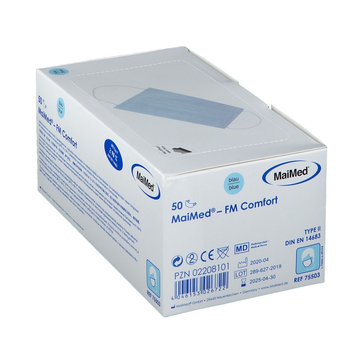 Witte doos met blauw masker. Opschrift: MaiMed® FM Komfort Blau Typ II. 50 stuks. Logo MaiMed. PZN-nummer en andere informatie.