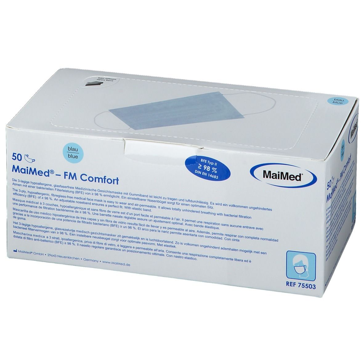 Witte doos met blauw masker. Opschrift: MaiMed® FM Komfort Blau Typ II. 50 stuks. Logo MaiMed. Tekst in meerdere talen. Filterprestaties.