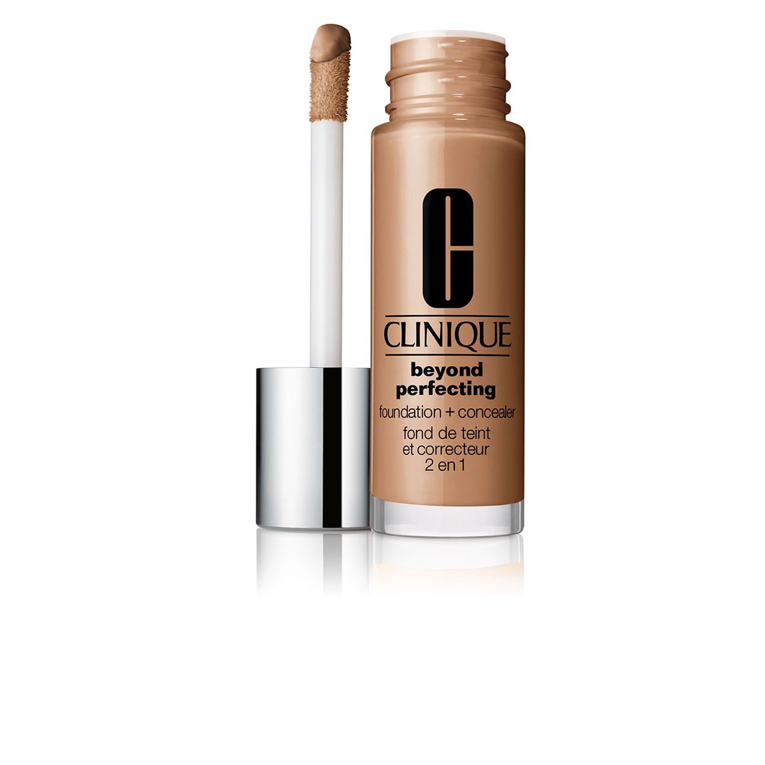 Beige Foundation- und Concealer-Fläschchen mit Applikator. Marke Clinique, Produktname Beyond Perfecting.